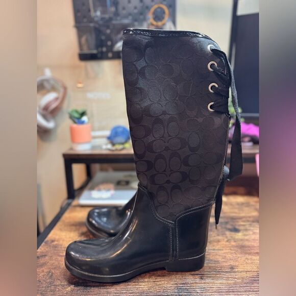 Coach Black Logo Rain Boots size 8 - Picture 2 of 13